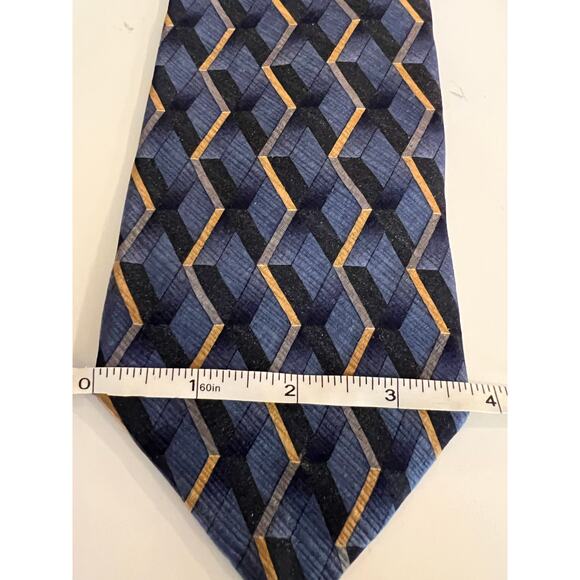 Milano Uomo 100% Imported Silk Men's Neck Tie Blue & Gold Geometric Print JL - Picture 7 of 8